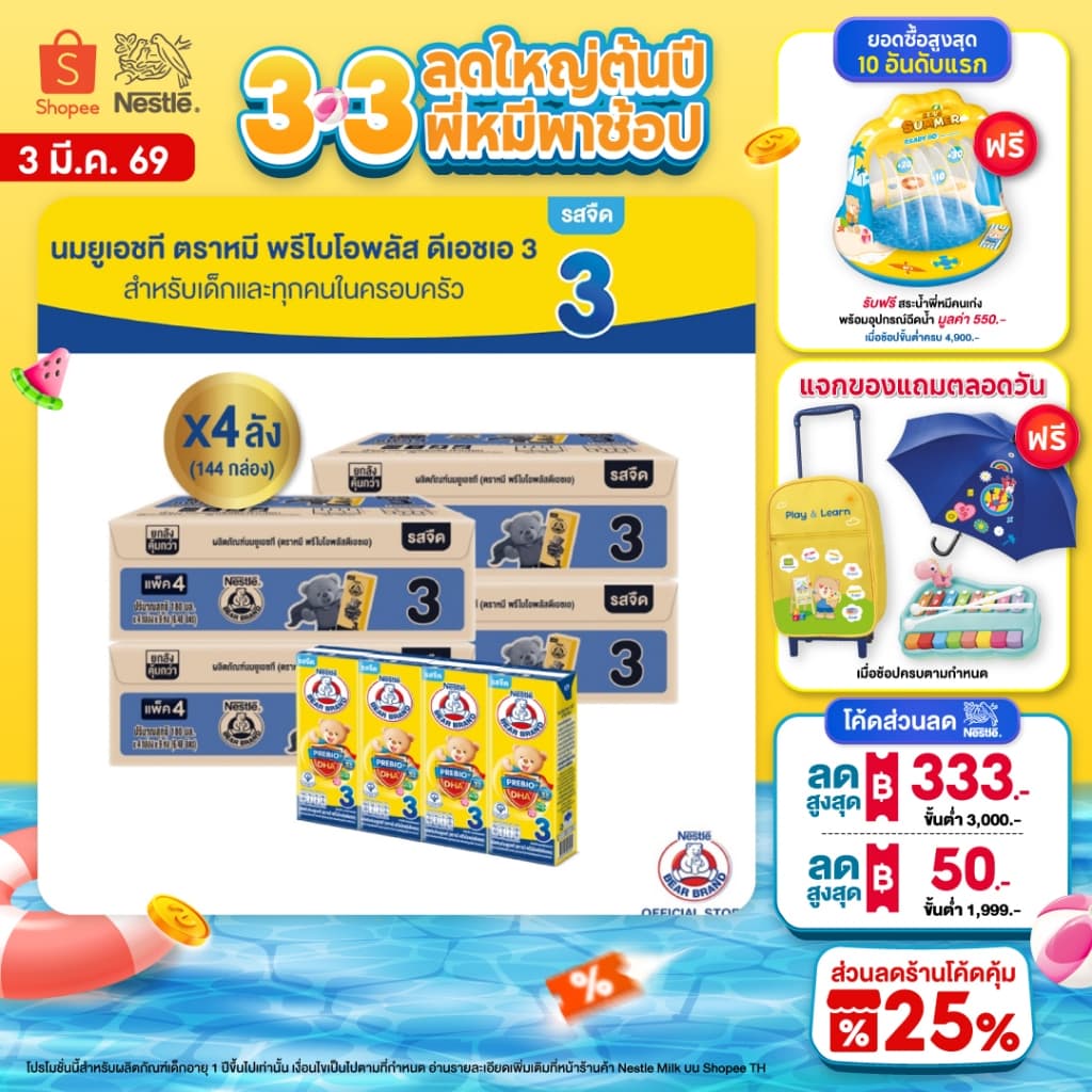 [นมกล่อง] นมตราหมียูเอชที สูตร 3 พรีไบโอพลัส ดีเอชเอ 180 มล. 36 กล่อง x4 ลัง