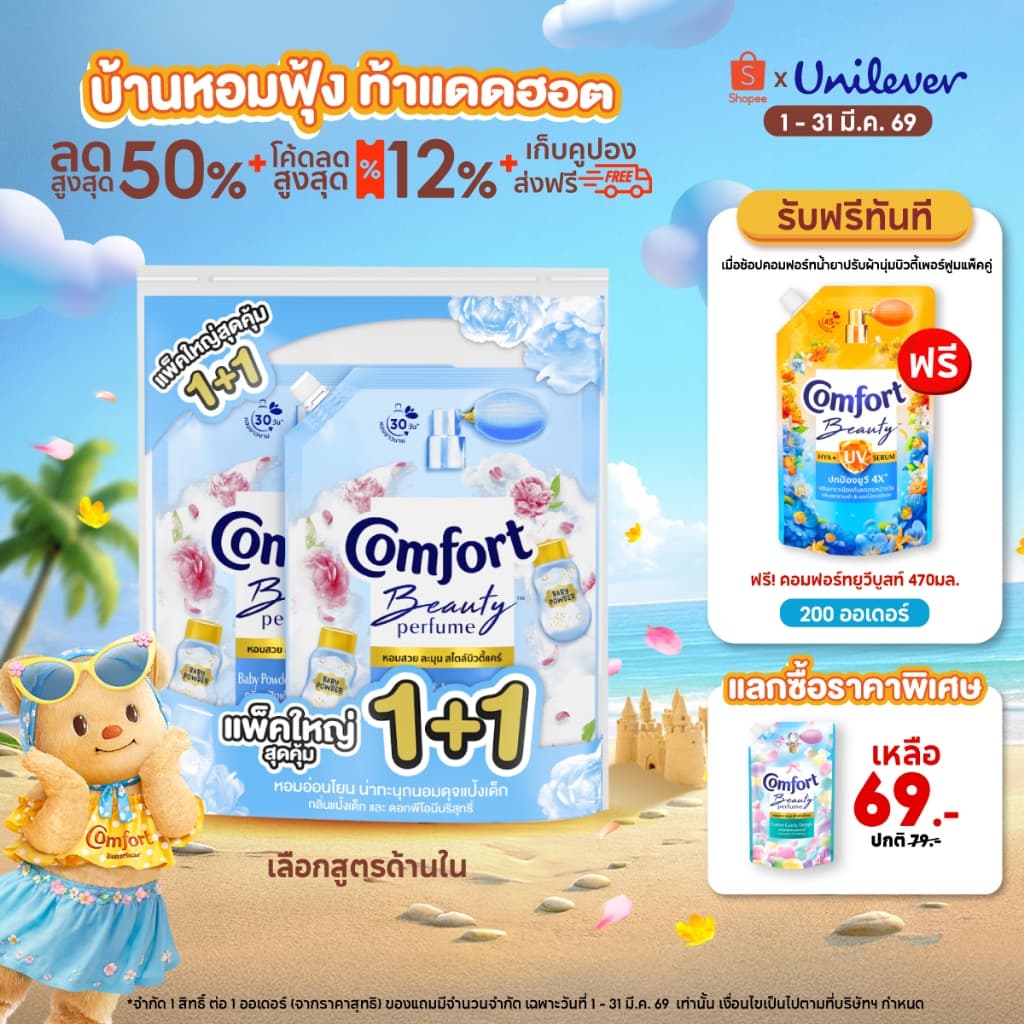 คอมฟอร์ท บิวตี้ เพอร์ฟูม  น้ำยาปรับผ้านุ่ม 1000-1150 มล. x2 Comfort Beauty Perfume Softener 1000-1150 ml. x2