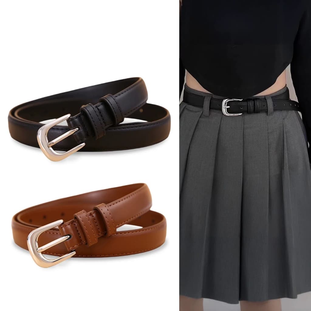 ผู้หญิง เข็มขัดหนัง PU รุ่นคลาสสิก สายเส้นเล็ก หัวเข็มขัดสีเงิน ดีไซน์เรียบหรู ใช้งานง่าย แมทง่าย - 5