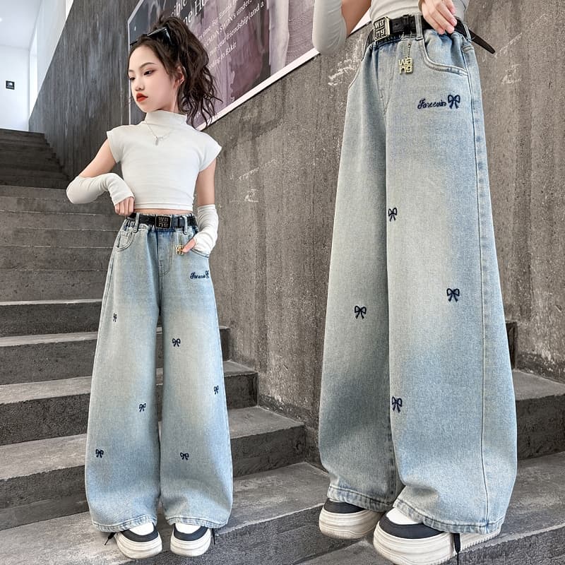 กางเกงยีนส์เด็กผู้หญิง กางเกงขายาวเด็กผู้หญิง ดีไซน์เกาหลี ลายปัก ลำลอง เอวยางยืด - 3