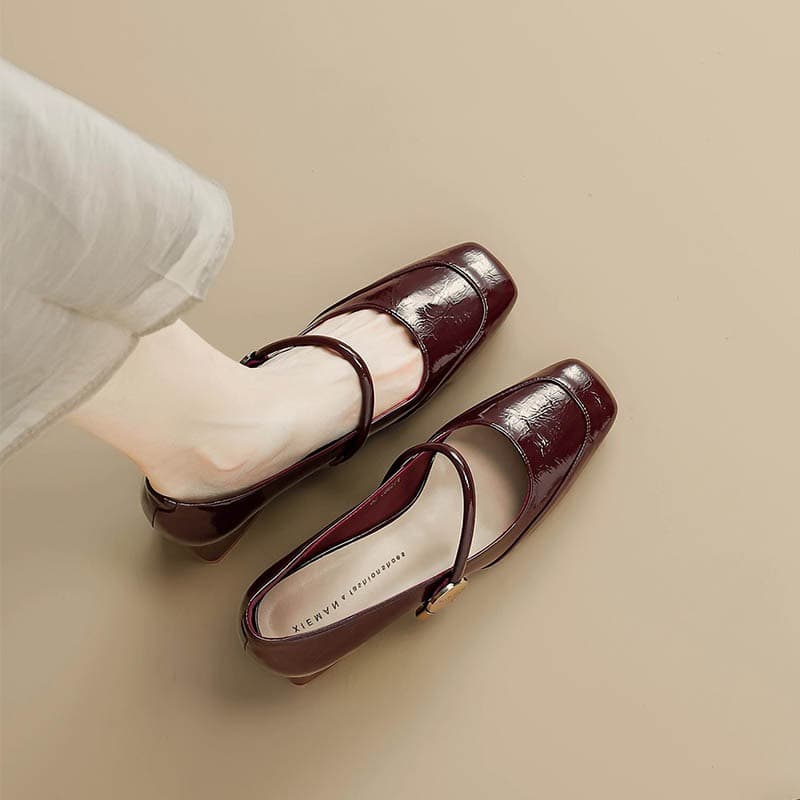 [LS] รองเท้าแมรี่เจนส้นหนา สีดำ หัวสี่เหลี่ยม สไตล์เกาหลี เรียบหรู ใส่สบาย สำหรับผู้หญิง - 5