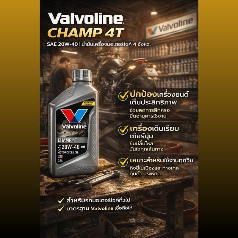 ของแท้100% น้ำมันเครื่อง Valvoline Champ 4T 20W-40 ขนาด 0.8ลิตร สำหรับรถจักรยานยนต์ [VAL GRAY]