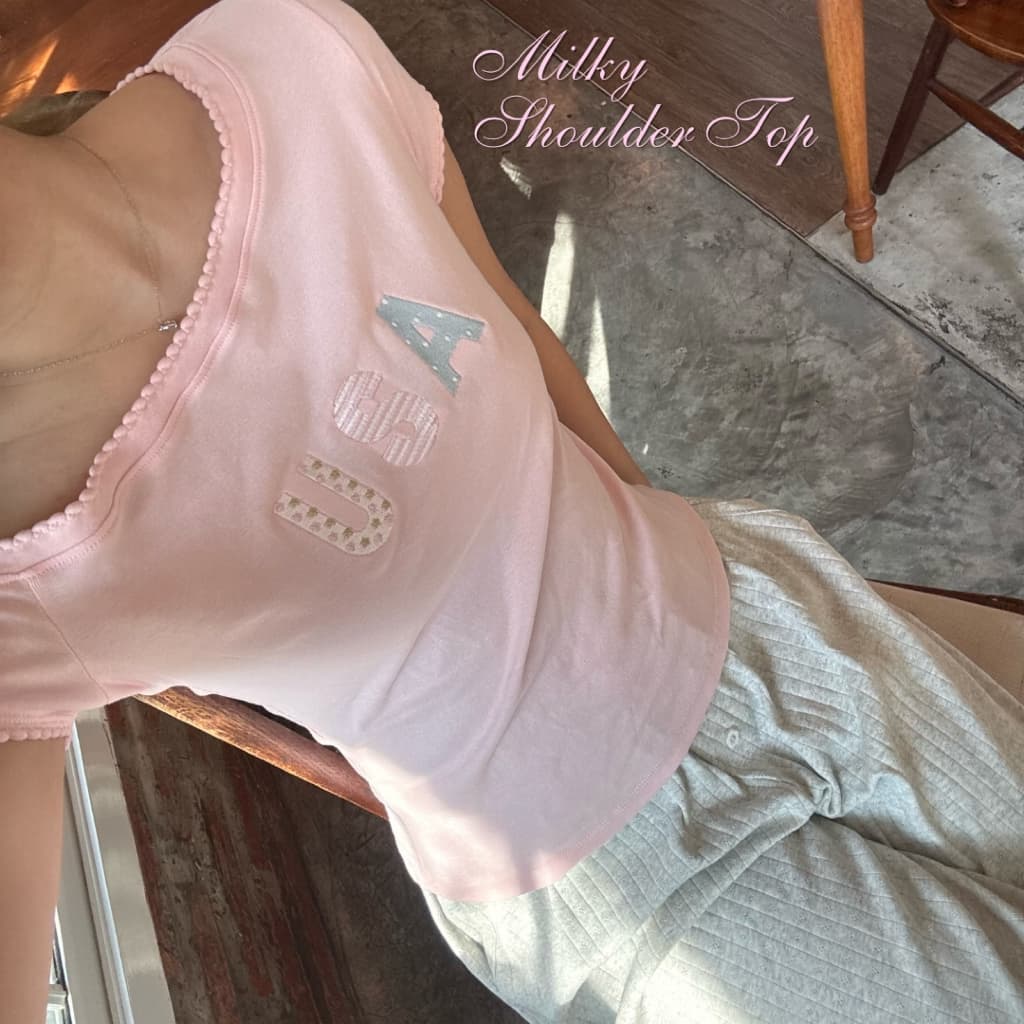 Dopey.puffy / Milky shoulder top เสื้อปาดไหล่งานปักผ้าร่องยืด - 1