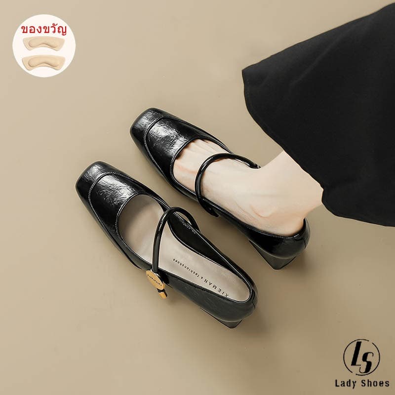 [LS] รองเท้าแมรี่เจนส้นหนา สีดำ หัวสี่เหลี่ยม สไตล์เกาหลี เรียบหรู ใส่สบาย สำหรับผู้หญิง