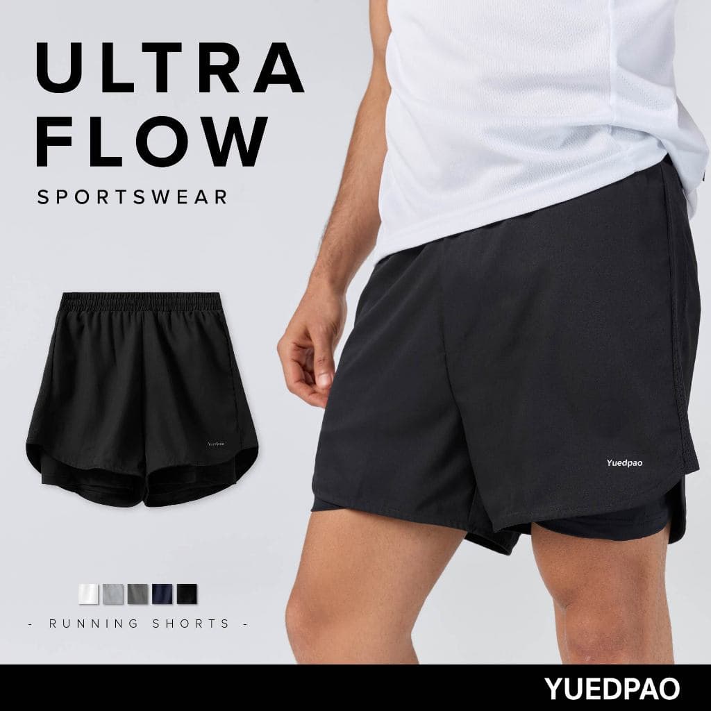 Yuedpao Sportswear 2025 กางเกงออกกำลังกายขาสั้น กางเกงวิ่ง 2in1 มีซับใน พร้อมกระเป๋าด้านข้าง Ultra Flow Running