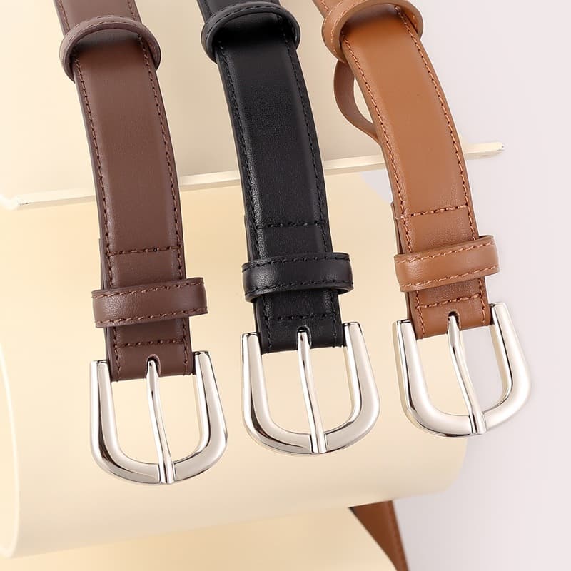 ผู้หญิง เข็มขัดหนัง PU รุ่นคลาสสิก สายเส้นเล็ก หัวเข็มขัดสีเงิน ดีไซน์เรียบหรู ใช้งานง่าย แมทง่าย - 1