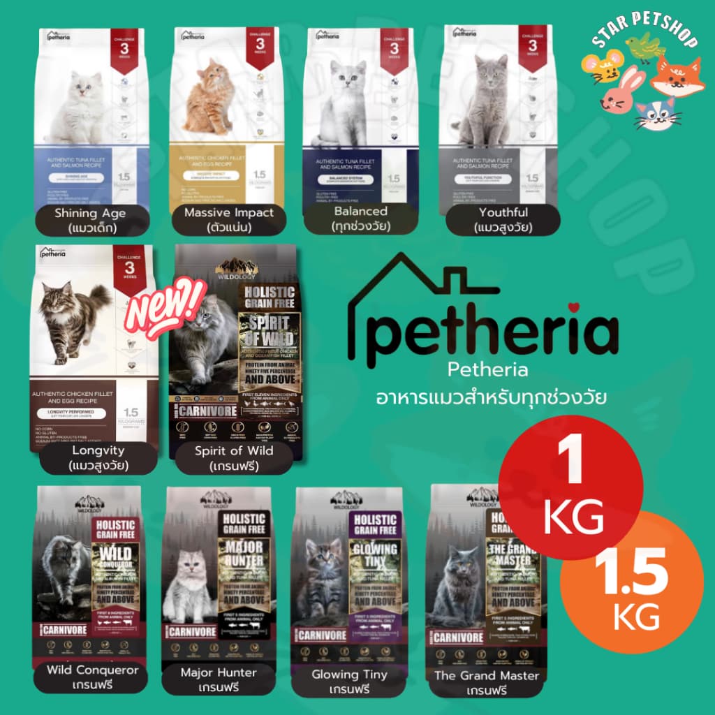Petheria อาหารแมว เพ็ทเทอเรีย โฮลิสติก-เกรนฟรี ลดการเกินก้อนขน ลดขนร่วง ไม่เค็ม ขนาด 1-1.5 kg