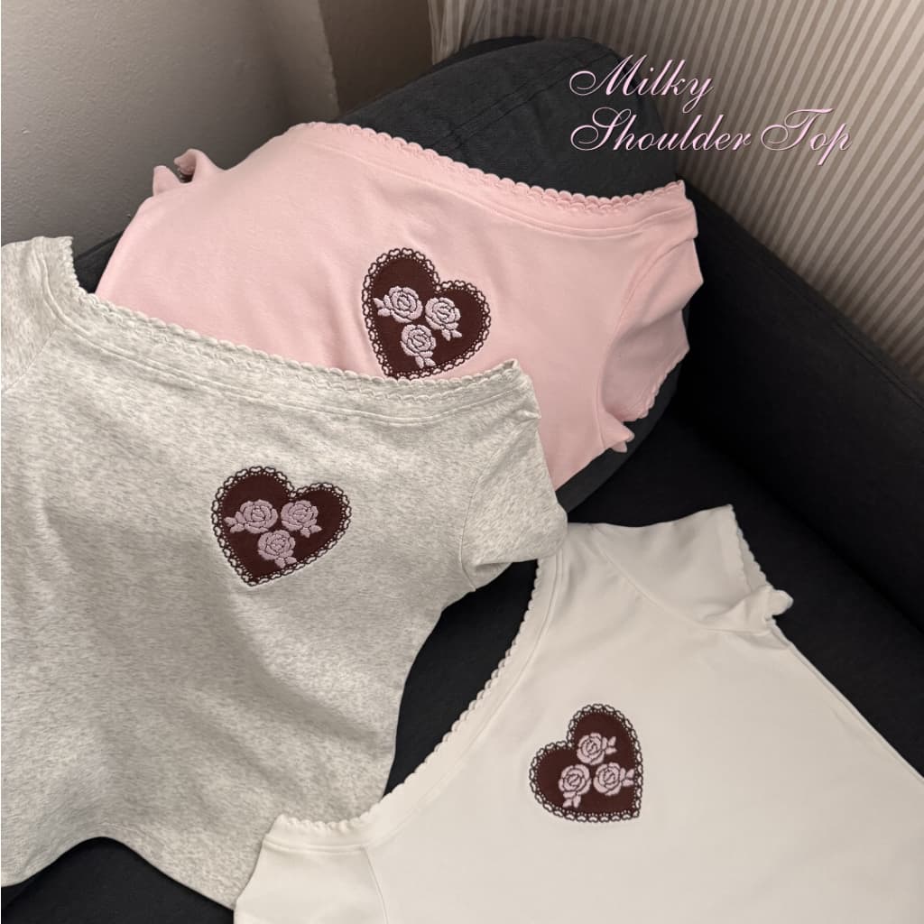 Dopey.puffy / Milky shoulder top เสื้อปาดไหล่งานปักผ้าร่องยืด - 2