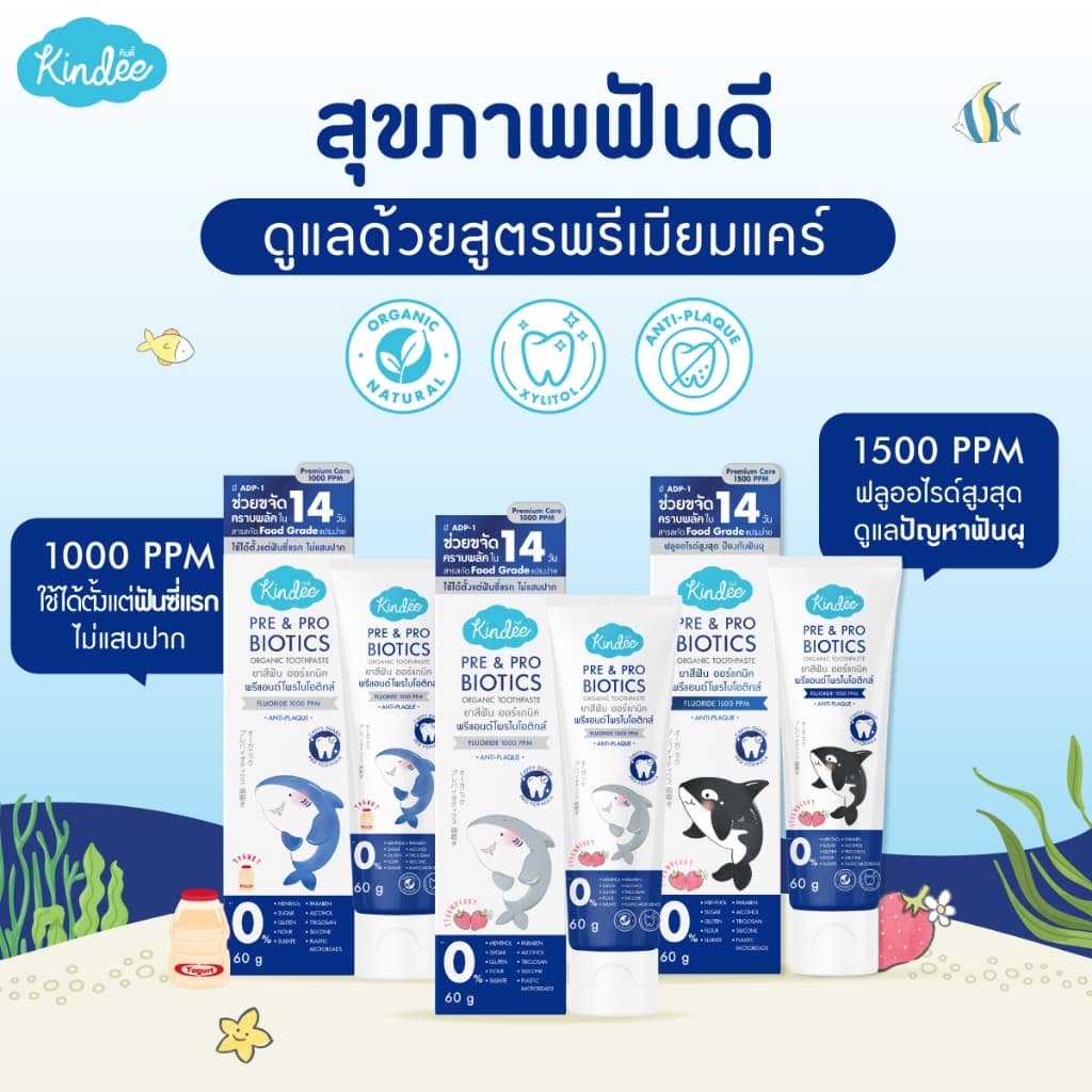 Kindee คินดี้ แปรงสีฟัน ยาสีฟันออร์แกนิค สูตรพรีแอนด์โพรไบโอติกส์ มีฟลูออไรด์ (60 กรัม) - 1