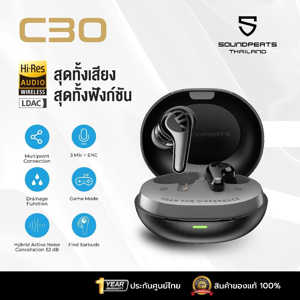 [ประกันศูนย์ไทย] SoundPEATS C30 หูฟังบลูทูธ Inear หูฟังอินเอีย หูฟังไร้สาย Hi-Res LDAC True Wireless มี ANC Game mode