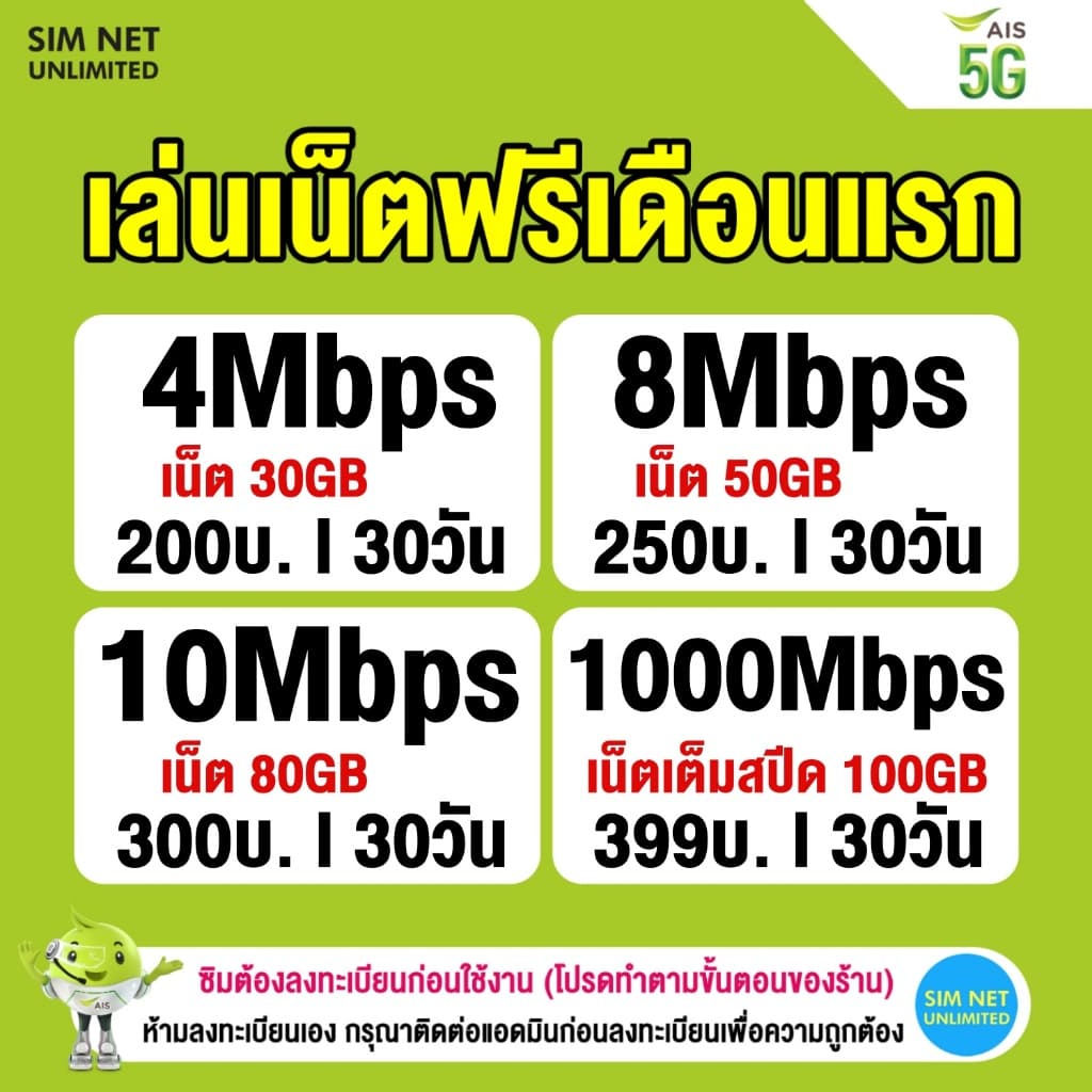 (เล่นฟรีเดือนแรก) ซิมเทพเล่นเน็ตไม่อั้น ความเร็ว 15Mbps +โทรฟรีทุกค่าย (พร้อมใช้ฟรี wifi ทุกแพ็กเกจ)